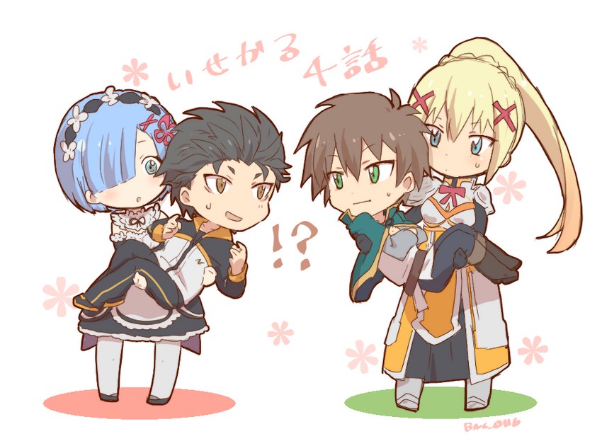 rem, darkness, satou kazuma, and natsuki subaru (kono subarashii sekai ni shukufuku wo! and 2 more) drawn by banchii