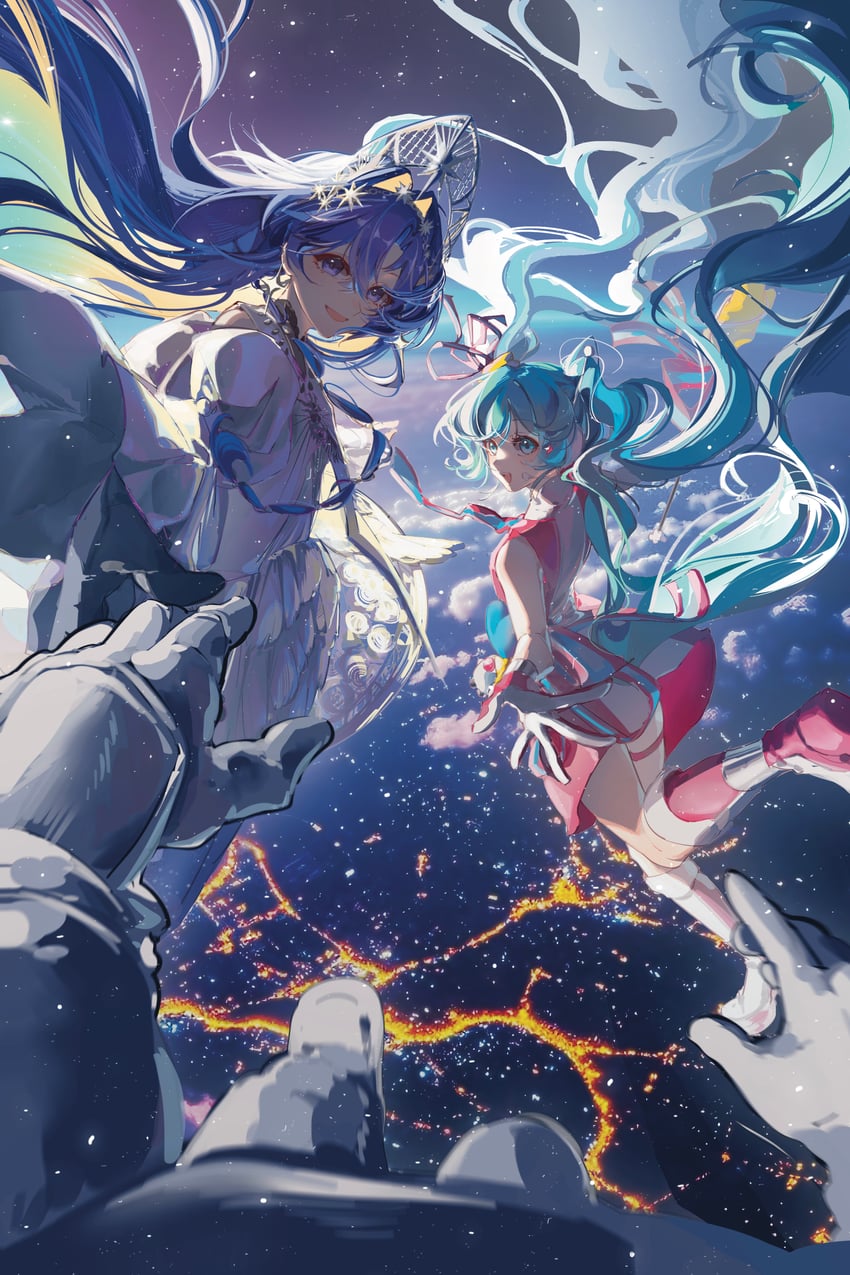 hatsune miku, magical mirai miku, and voyager (vocaloid and 2 more) drawn by 13165075695