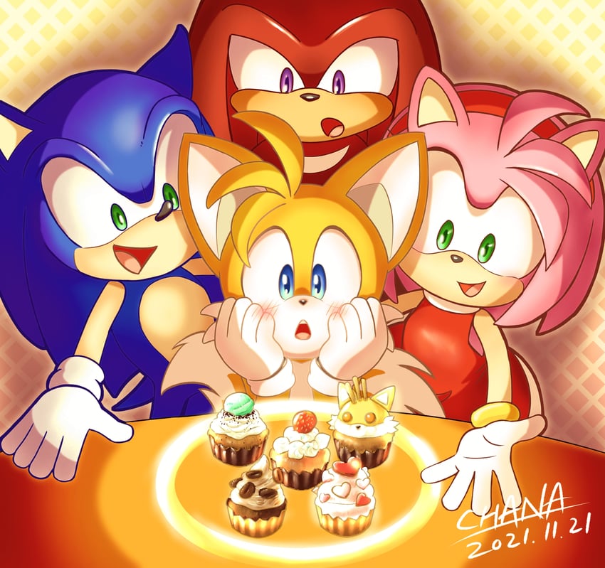 sonic the hedgehog, amy rose, tails, and knuckles the echidna (sonic) drawn by chana_(furrytails)