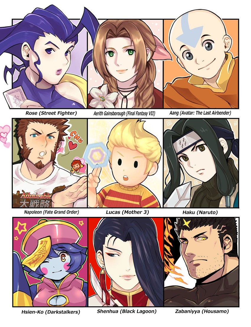 aerith gainsborough, napoleon bonaparte, hsien-ko, zabaniyya, lucas, and 5 more (fate and 12 more) drawn by tora_d