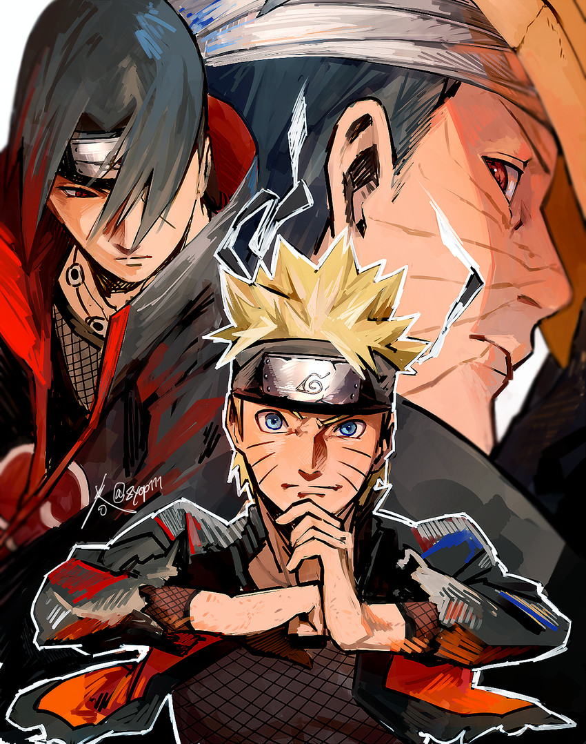 uzumaki naruto, uchiha itachi, and uchiha obito (naruto and 1 more) drawn by zifletts