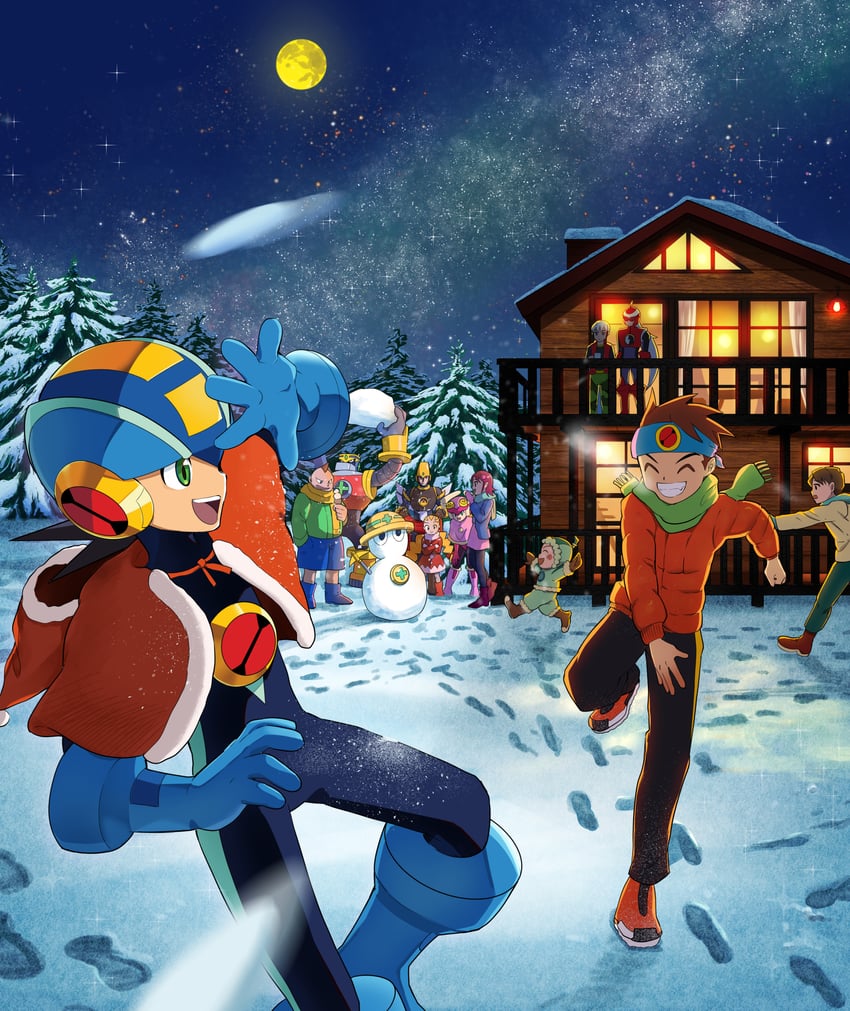 megaman.exe, roll.exe, lan hikari, mayl sakurai, met, and 8 more (mega man and 1 more) drawn by poshino_pikari