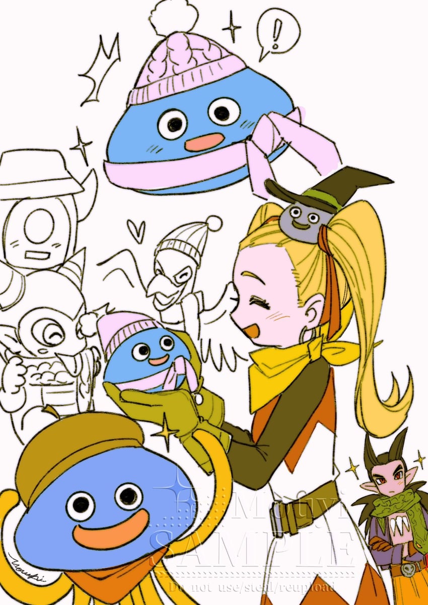 slime, sidoh, female builder, healslime, metal slime, and 4 more (dragon quest and 1 more) drawn by mouyi