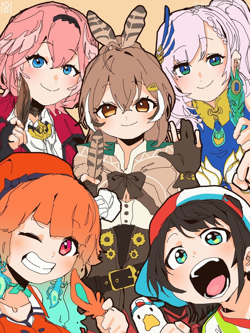 nanashi mumei, takanashi kiara, oozora subaru, takane lui, pavolia reine, and 1 more (hololive and 2 more) drawn by ahea_aheaworks