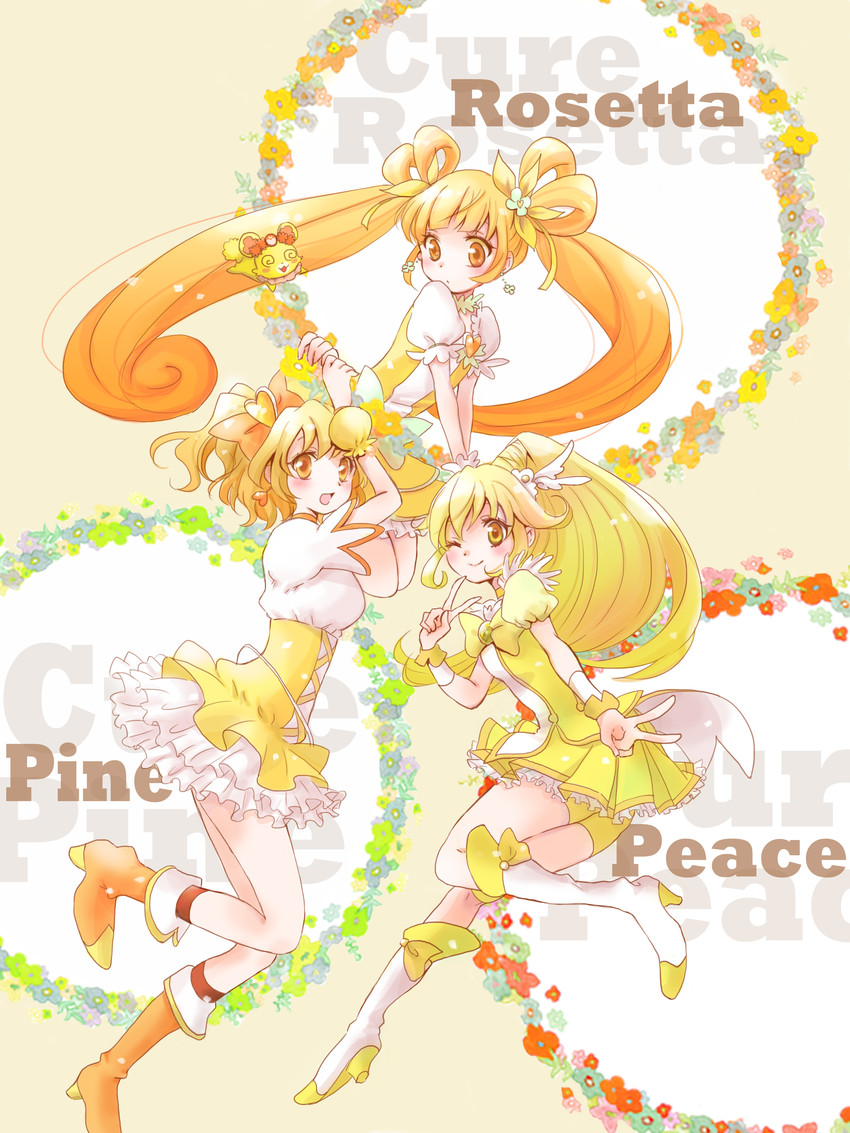 kise yayoi, cure peace, yotsuba alice, yamabuki inori, cure pine, and 1 more (precure and 3 more) drawn by meigamu