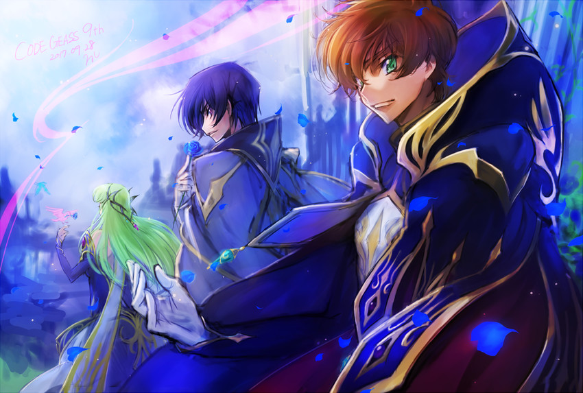 c.c., lelouch vi britannia, and kururugi suzaku (code geass) drawn by c_(rahit)