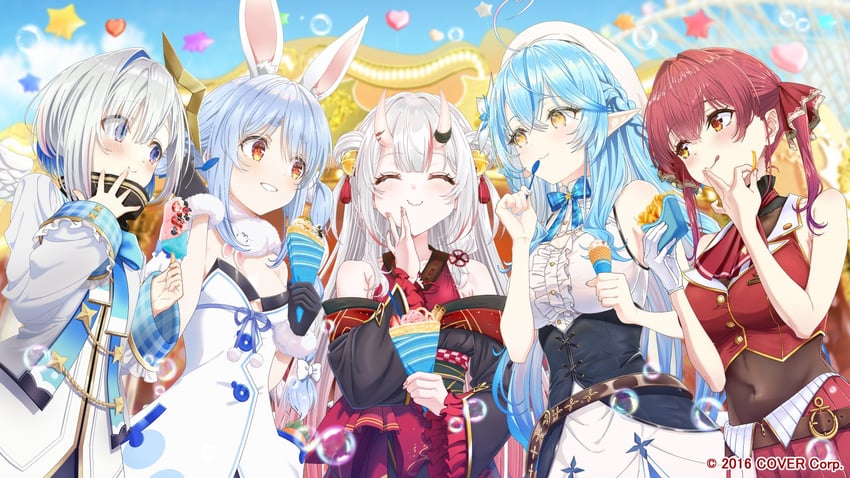 houshou marine, usada pekora, amane kanata, yukihana lamy, nakiri ayame, and 1 more (hololive) drawn by tlie_ilt