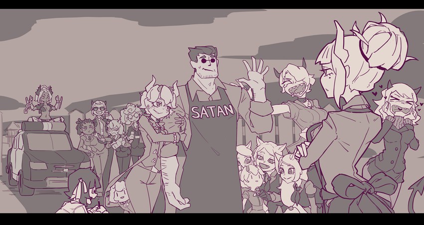lucifer, modeus, justice, helltaker, cerberus, and 8 more (helltaker) drawn by molamola5440