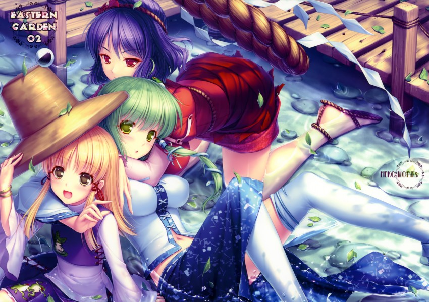kochiya sanae, moriya suwako, yasaka kanako, and pyonta (touhou) drawn by sayori_(neko_works)