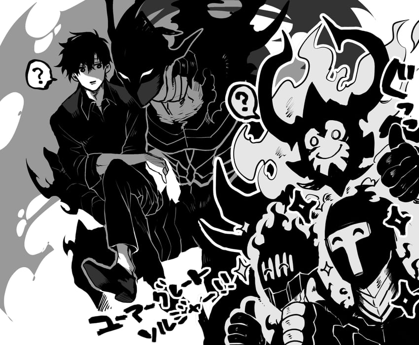 sung jin-woo, igris, and iron (solo leveling) drawn by hiyomon