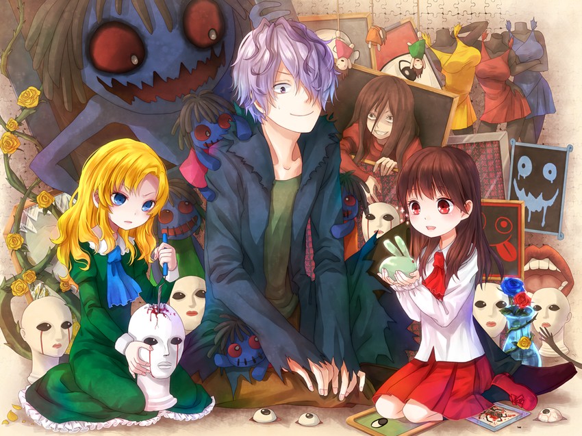 ib, mary, garry, doll, and lady in red (ib) drawn by nunucco