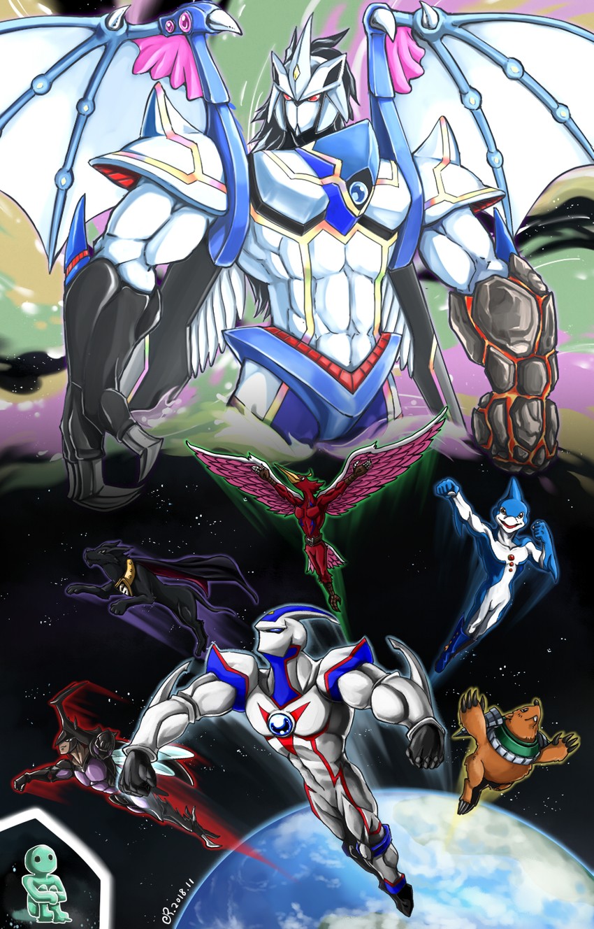 elemental hero neos, neo-spacian aqua dolphin, neo-spacian glow moss, neo-spacian grand mole, neo-spacian dark panther, and 3 more (yu-gi-oh! and 2 more) drawn by ponchi-ponchi
