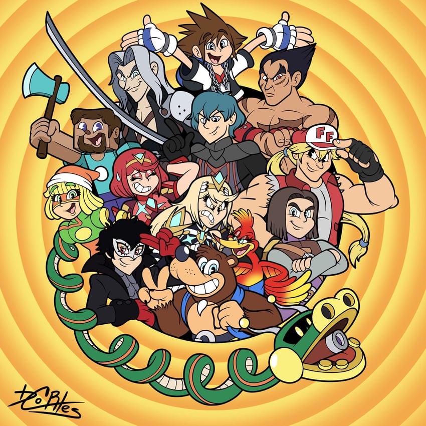pyra, sephiroth, amamiya ren, male byleth, sora, and 8 more (fire emblem and 20 more) drawn by dannycortoons
