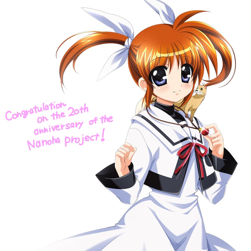 takamachi nanoha, raising heart, and yuuno scrya (lyrical nanoha and 1 more) drawn by higa_yukari