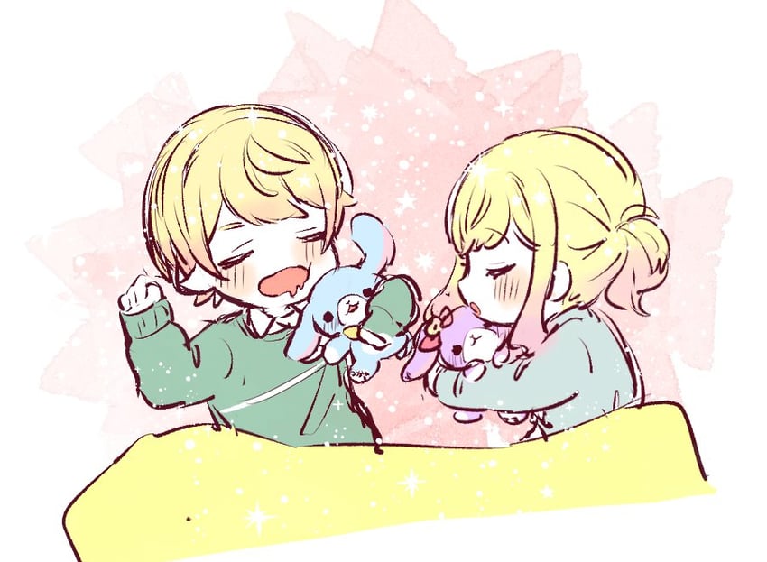 tenma tsukasa, tenma saki, and stuffed bunny (project sekai) drawn by poppu_usagi