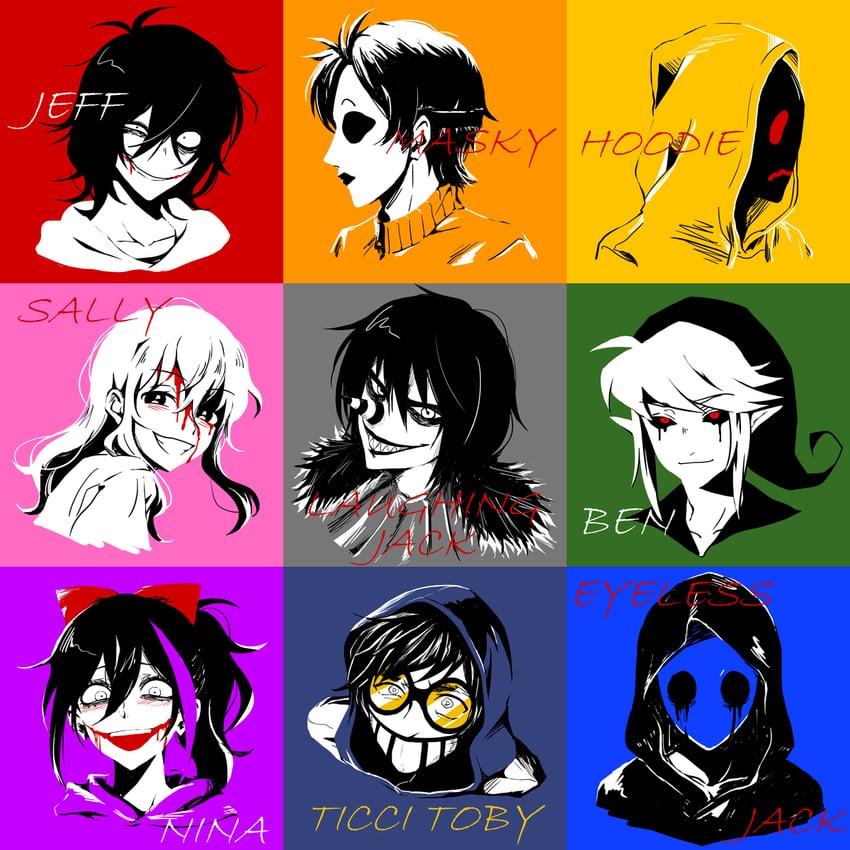 link, jeff the killer, nina the killer, ben drowned, eyeless jack, and 5 more (the legend of zelda and 1 more) drawn by nocturnalsky