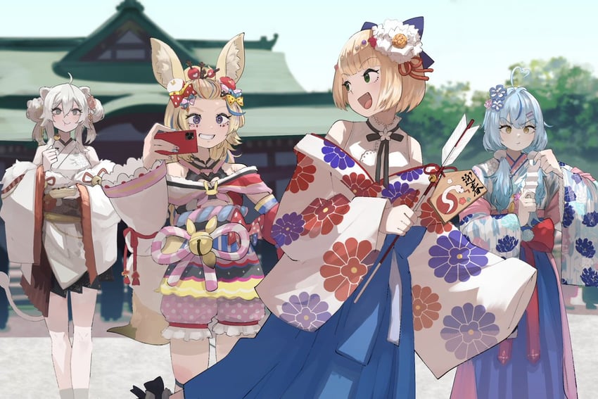 yukihana lamy, shishiro botan, omaru polka, and momosuzu nene (hololive) drawn by mato_(target5260)