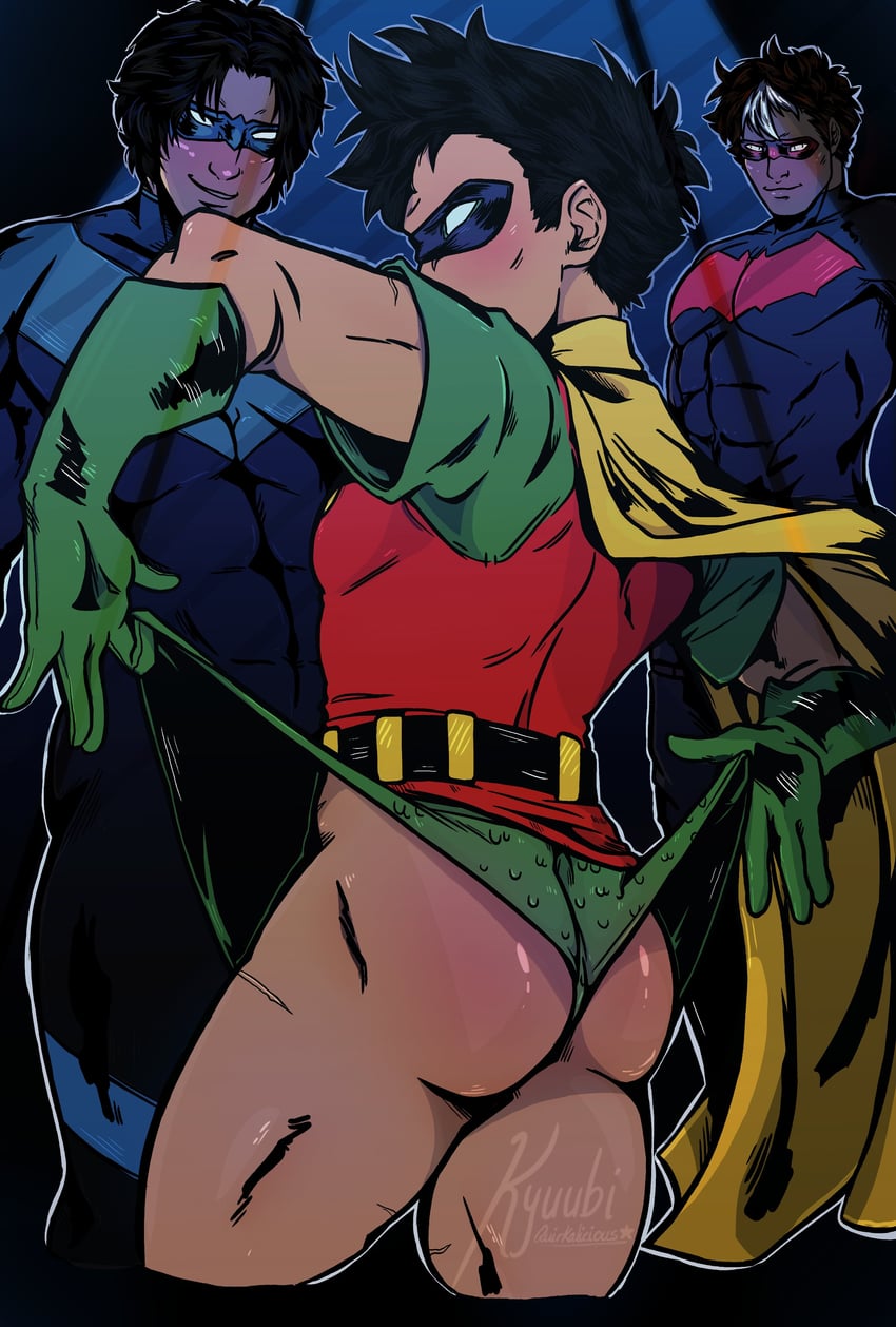 robin, dick grayson, jason todd, nightwing, red hood, and 1 more (dc comics and 1 more) drawn by krypto_kyuubi