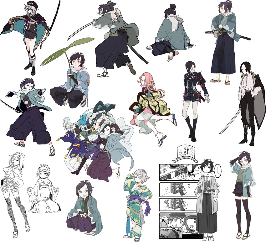 mikazuki munechika, kashuu kiyomitsu, yamato-no-kami yasusada, hotarumaru, yagen toushirou, and 4 more (touken ranbu) drawn by arare_(araremode)