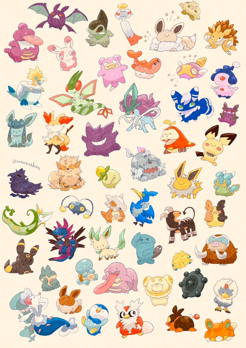eevee, piplup, umbreon, gengar, glaceon, and 45 more (pokemon) drawn by zozozoshion