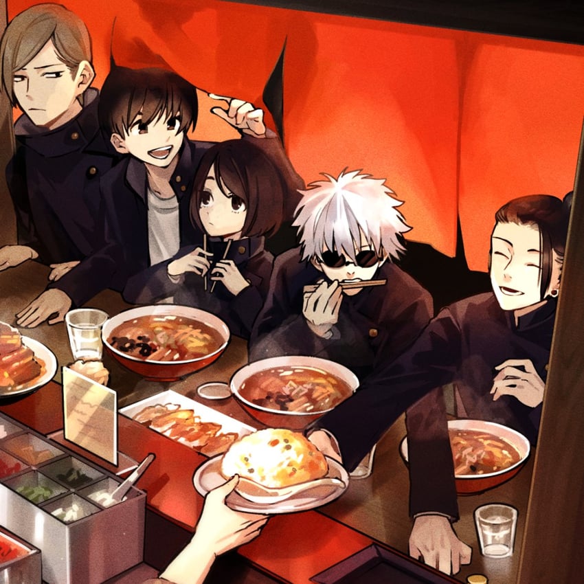 gojou satoru, getou suguru, nanami kento, ieiri shoko, and haibara yu (jujutsu kaisen) drawn by accelerando