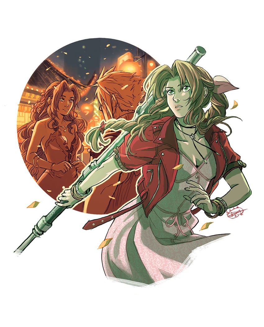 cloud strife and aerith gainsborough (final fantasy and 2 more) drawn by diana_mercolini