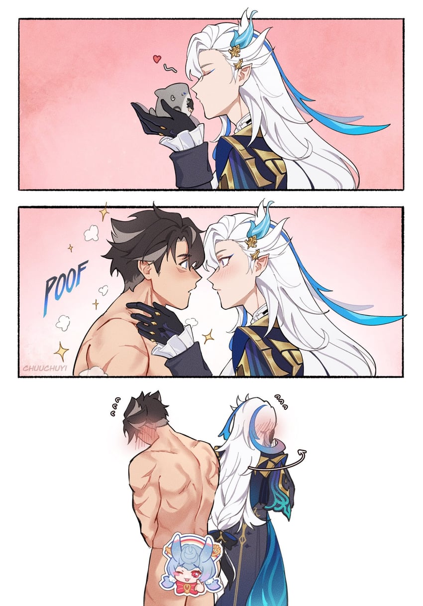 neuvillette, wriothesley, and sigewinne (genshin impact) drawn by lin_(chuuchuyi)