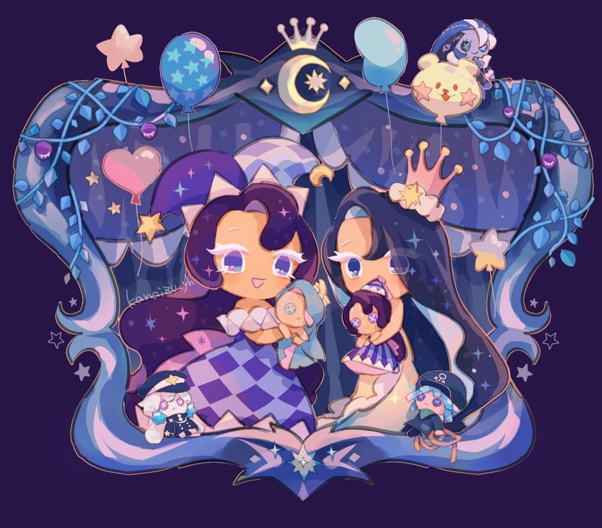 shadow milk cookie, moonlight cookie, milky way cookie, sea fairy cookie, yellow bear jelly, and 1 more (cookie run and 1 more) drawn by kanaizu_yh