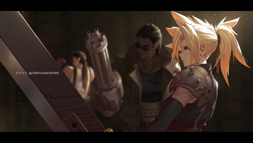 tifa lockhart, cloud strife, and barret wallace (final fantasy and 1 more) drawn by dishwasher1910