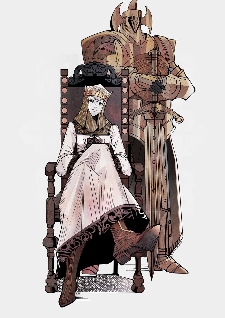 crucible knight, lady tanith, and tanith's knight (elden ring) drawn by herheim