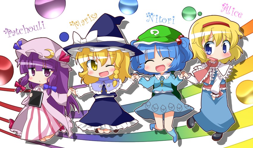 kirisame marisa, alice margatroid, patchouli knowledge, and kawashiro nitori (touhou) drawn by ayu_(iyokanya)