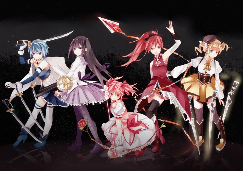 akemi homura, kaname madoka, miki sayaka, sakura kyoko, and tomoe mami (mahou shoujo madoka magica) drawn by hatsuko
