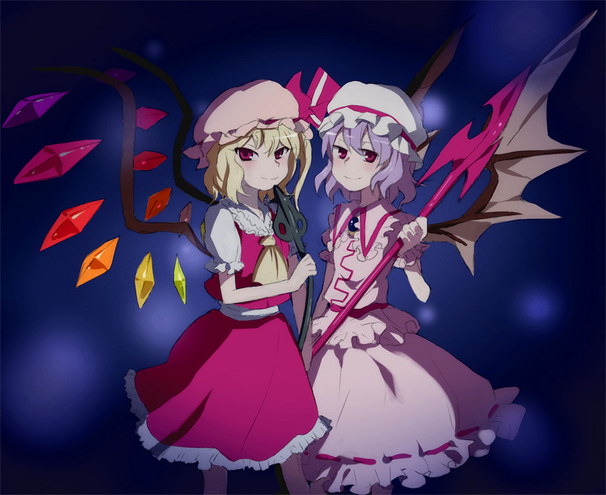 remilia scarlet and flandre scarlet (touhou) drawn by kazune_(baumkuchen) and mokeo