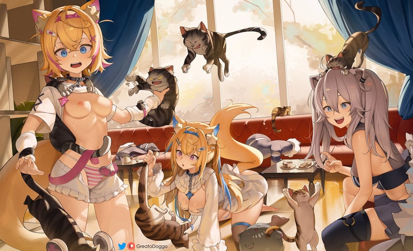 shishiro botan, fuwawa abyssgard, mococo abyssgard, and ssrb (hololive and 1 more) drawn by greatodoggo