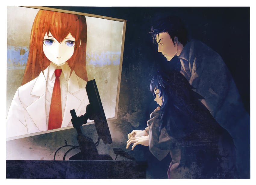 makise kurisu, okabe rintarou, and hiyajou maho (steins;gate and 1 more) drawn by huke