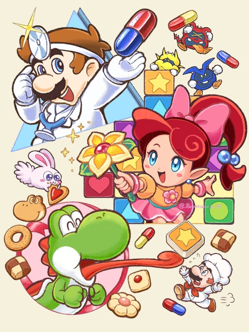 mario, yoshi, dr. mario, lip, virus, and 4 more (mario and 3 more) drawn by suruga_kanade