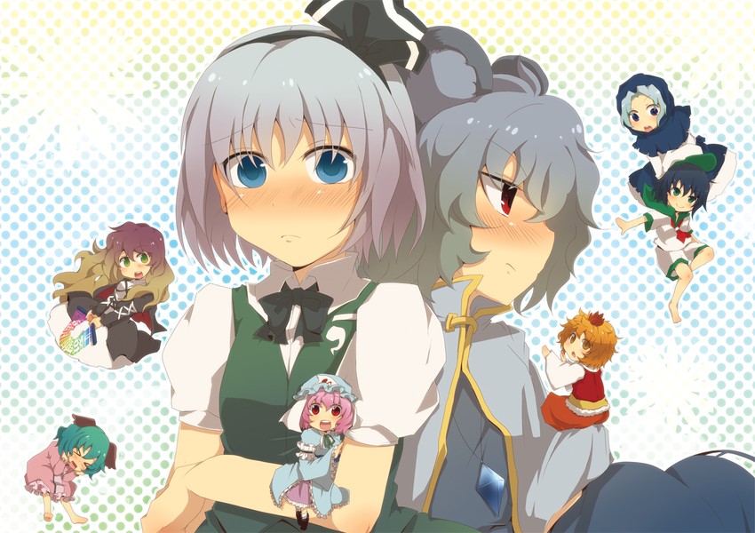 konpaku youmu, saigyouji yuyuko, nazrin, hijiri byakuren, toramaru shou, and 3 more (touhou) drawn by aoi_(annbi)