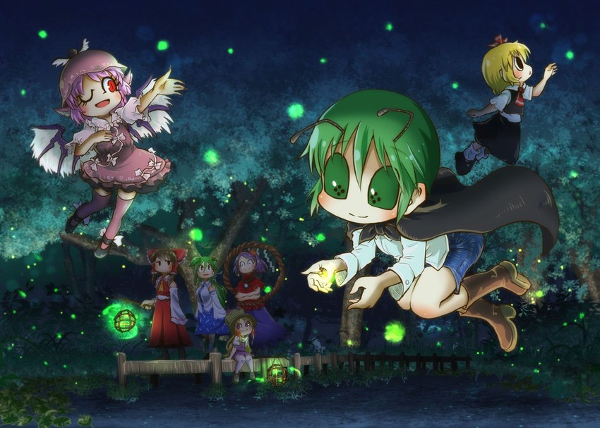 hakurei reimu, kochiya sanae, rumia, moriya suwako, mystia lorelei, and 2 more (touhou) drawn by chamaji