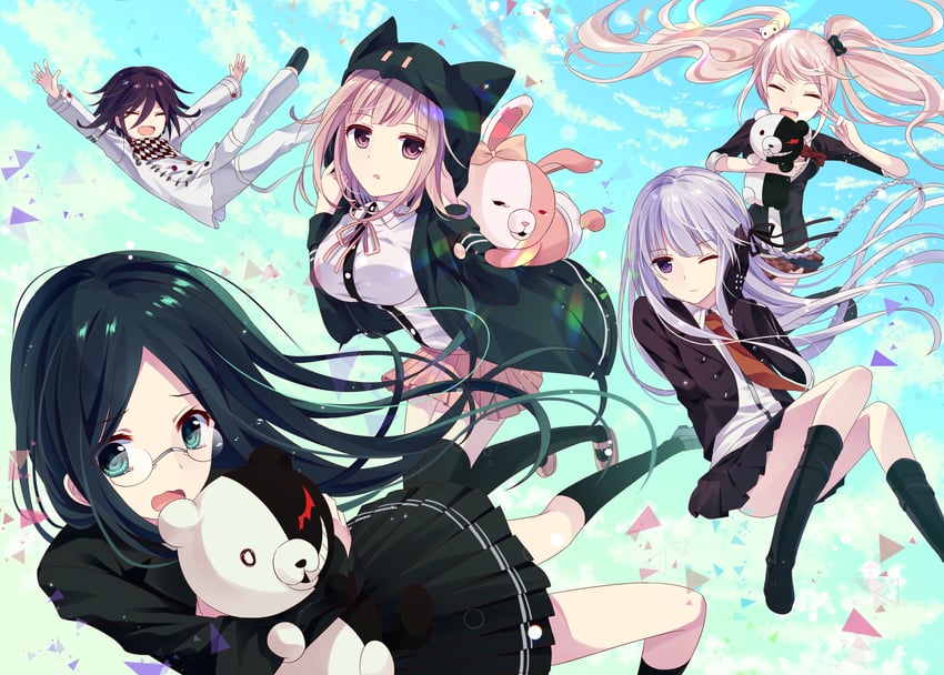 nanami chiaki, oma kokichi, kirigiri kyoko, enoshima junko, monokuma, and 2 more (danganronpa and 3 more) drawn by remoyona