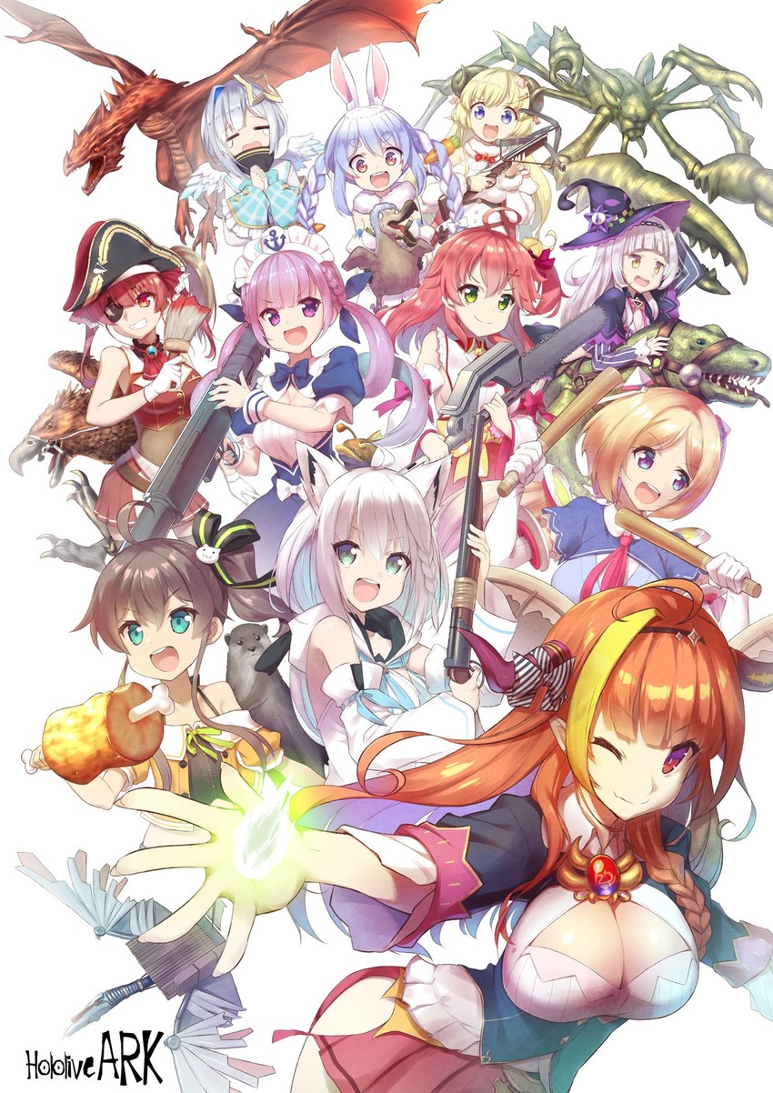 houshou marine, shirakami fubuki, usada pekora, minato aqua, sakura miko, and 6 more (hololive and 1 more) drawn by hoppege