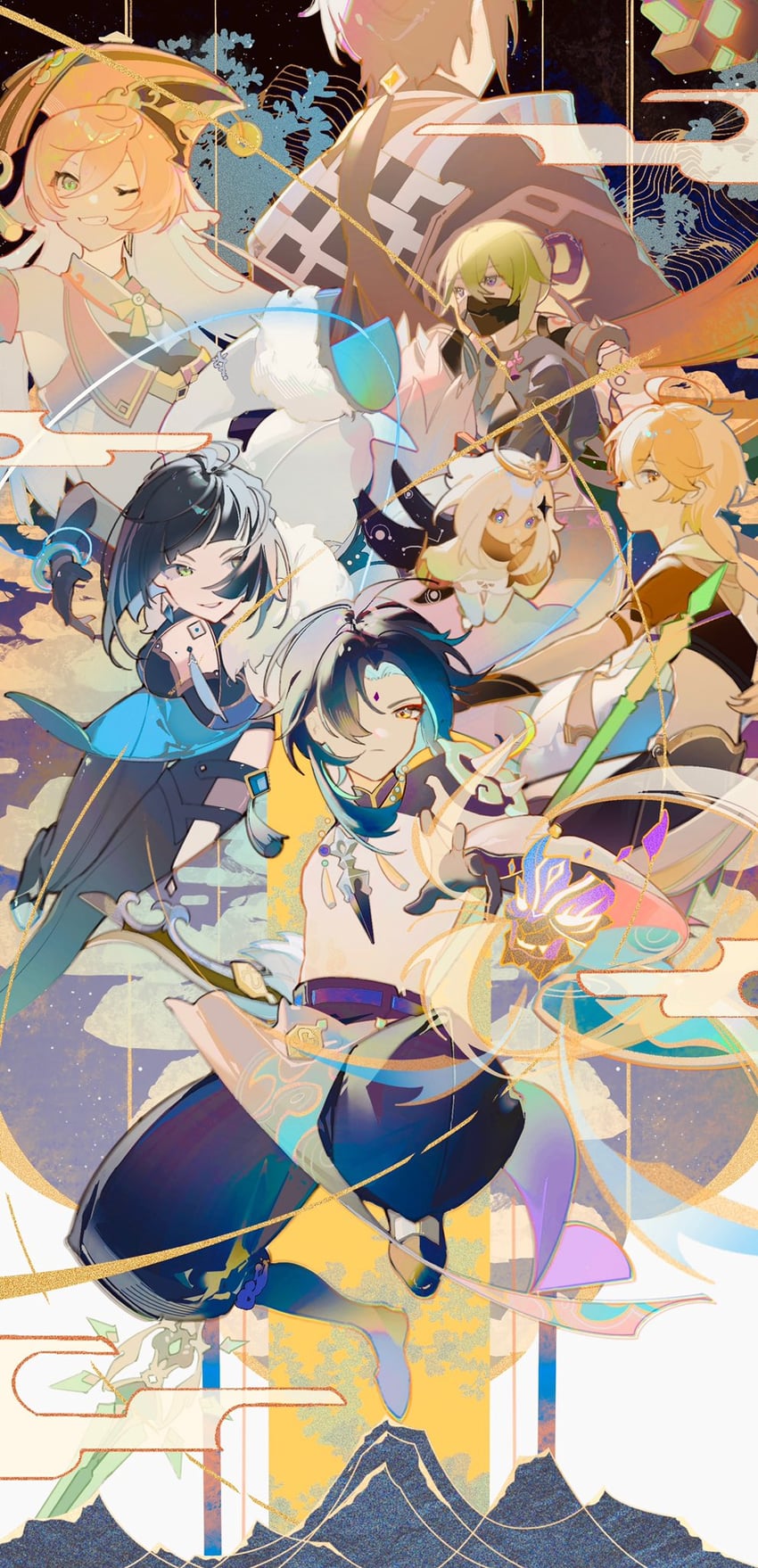 aether, zhongli, paimon, xiao, yelan, and 2 more (genshin impact) drawn by hollning