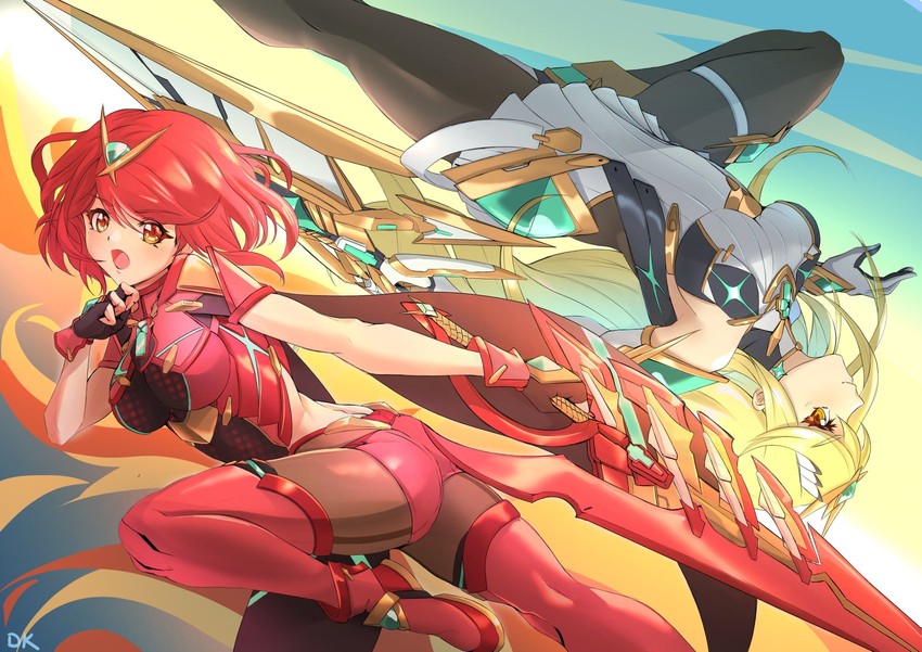 pyra and mythra (xenoblade chronicles and 2 more) drawn by deekei