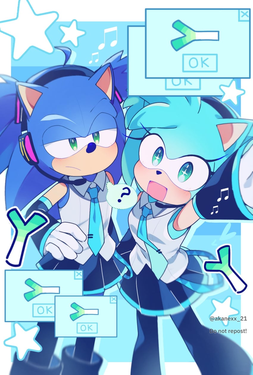 hatsune miku, sonic the hedgehog, and amy rose (vocaloid and 1 more) drawn by akanexx_21