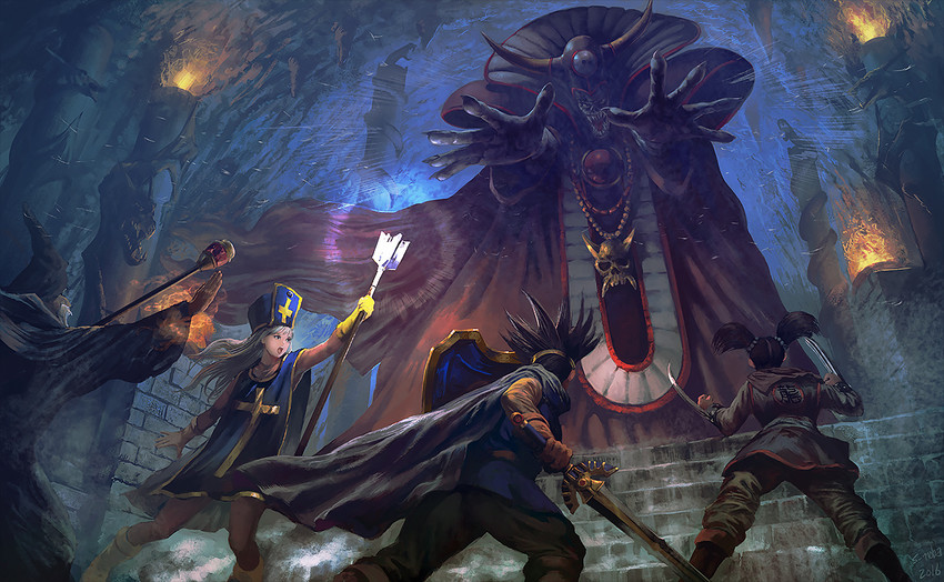 priest, roto, hero, martial artist, mage, and 1 more (dragon quest and 1 more) drawn by noba