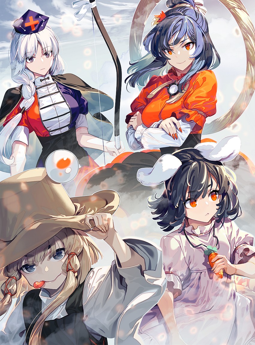 moriya suwako, inaba tewi, yasaka kanako, and yagokoro eirin (touhou) drawn by zounose