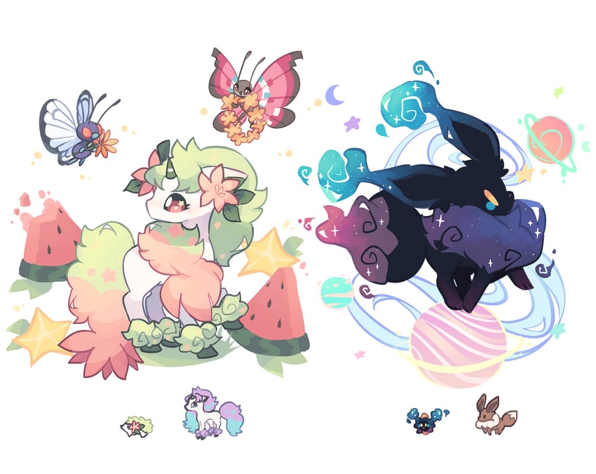 eevee, cosmog, shaymin, butterfree, galarian ponyta, and 1 more (original and 1 more) drawn by charamells