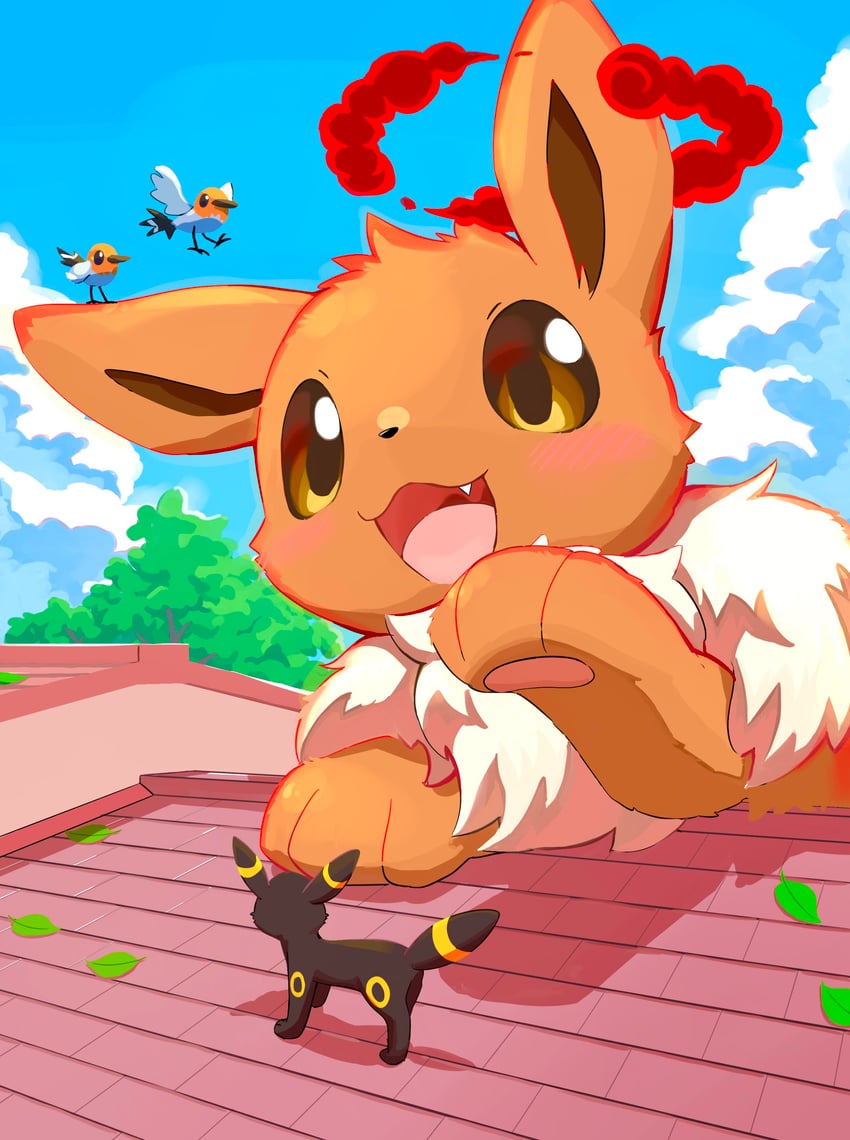eevee, umbreon, fletchinder, and gigantamax eevee (pokemon) drawn by thematy