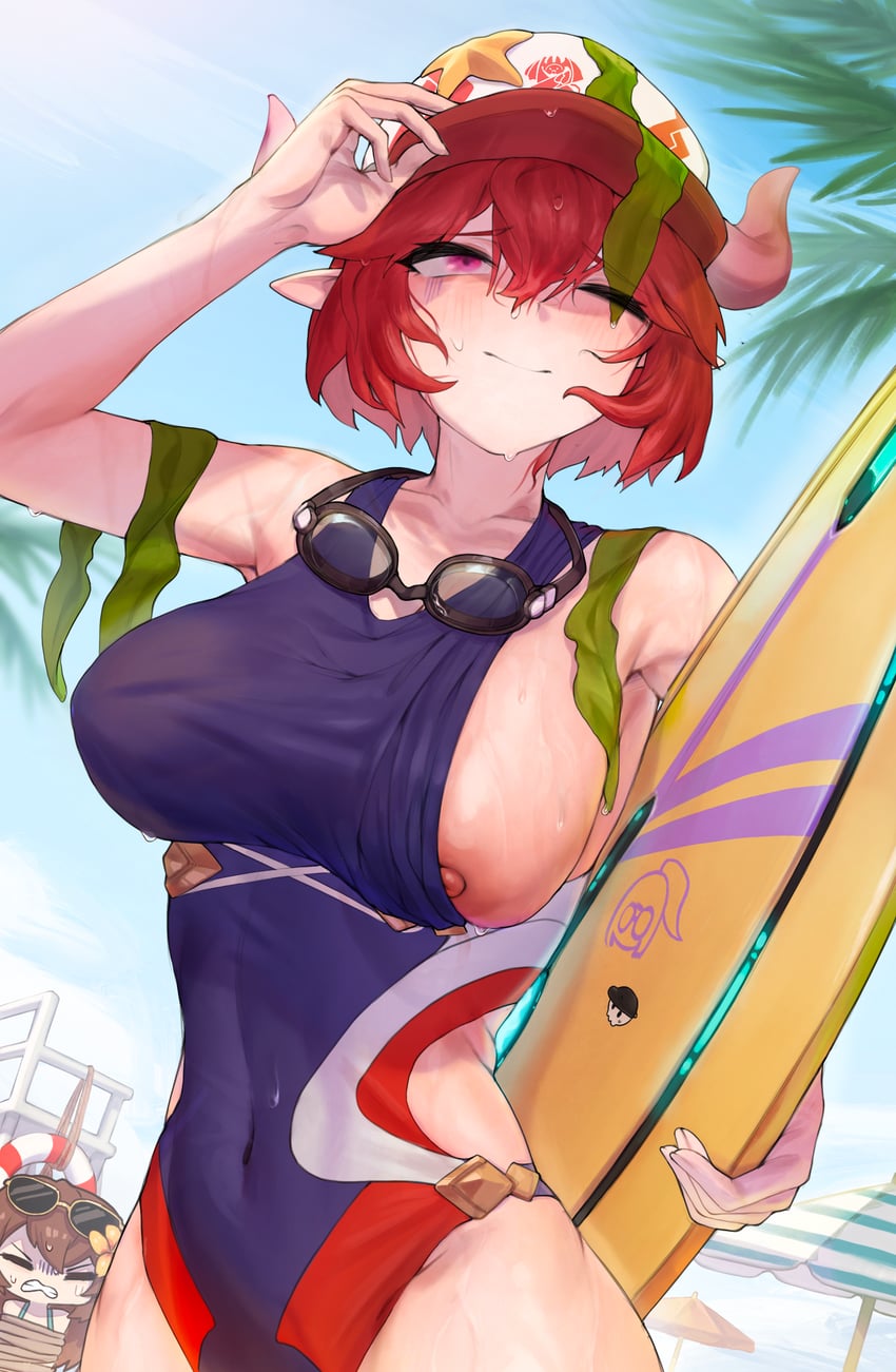 lifeguard yuze and scientist on the beach sohee (guardian tales) drawn by xize9247
