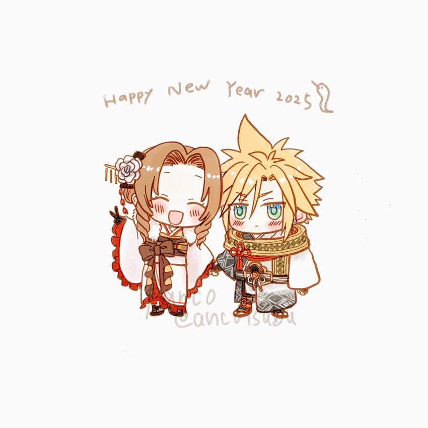 cloud strife and aerith gainsborough (final fantasy and 2 more) drawn by ancotsubu