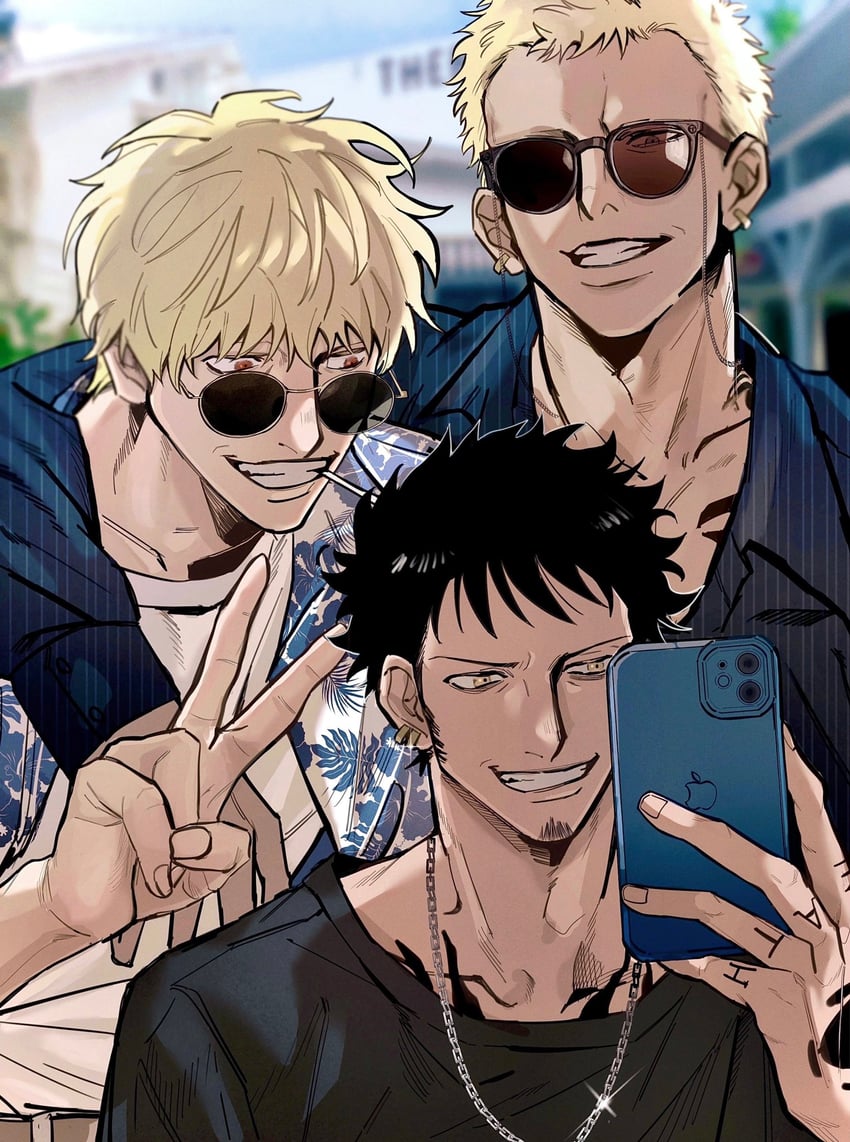 trafalgar law, donquixote doflamingo, and donquixote rocinante (one piece) drawn by zkc_fes